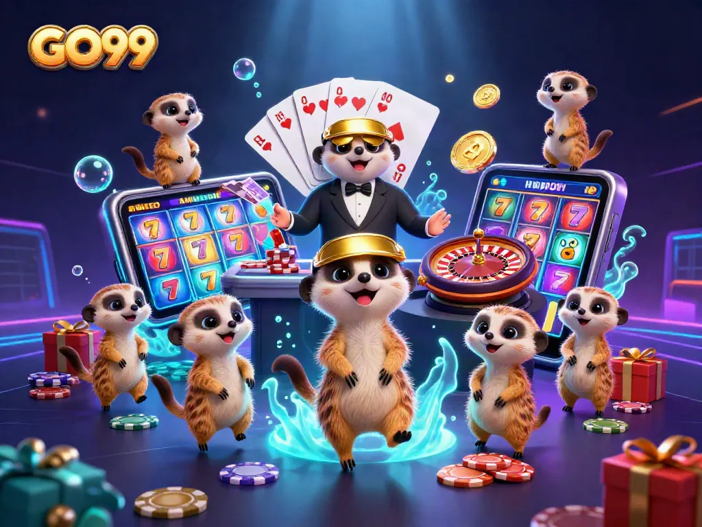 GO99 meerkats operating a vibrant casino with detailed slot and roulette features erupting with excitement.