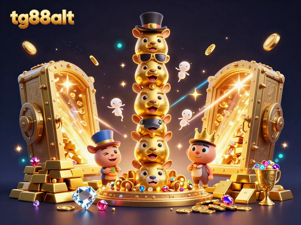 Join the excitement of tg88alt with lively casino elements in a vibrant 3D illustration showcasing gold treasures.
