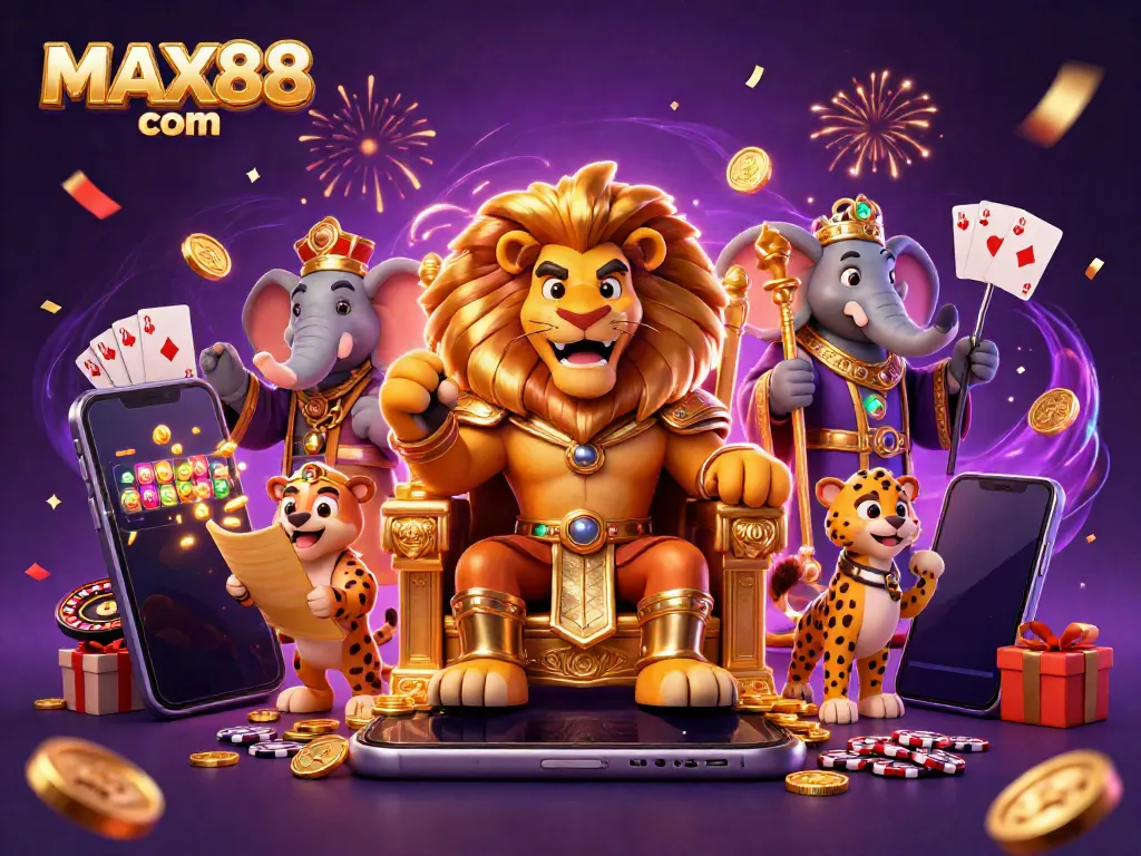 Engage in thrilling gameplay with MAX88 com, highlighted by a vibrant 3D lion king and dynamic casino elements.