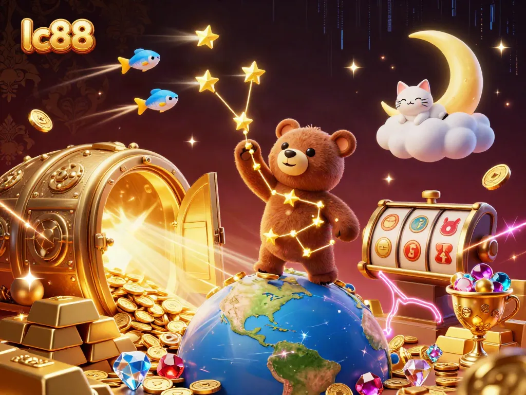 Experience exciting lc88 gaming moments with a constellation bear collecting coins amidst slot reels.