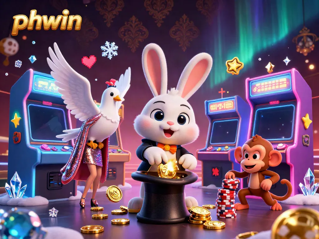 Experience the phwin excitement with a magical scene of a rabbit, dove, and monkey in a casino setting.