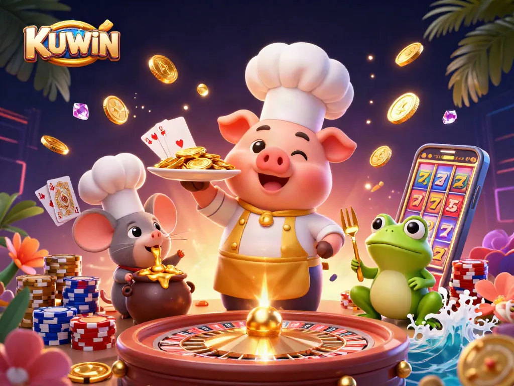 KUWIN poker scene with a chef pig, sous-chef mouse, and critic frog enjoying thrilling casino excitement.