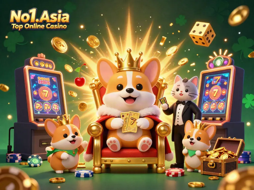 Experience the thrill at No1.Asia Top Online Casino with a vibrant 3D corgi-themed illustration.