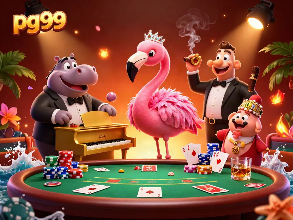 Experience thrilling gaming at pg99 with vibrant casino scene featuring a flamingo singer and poker elements.