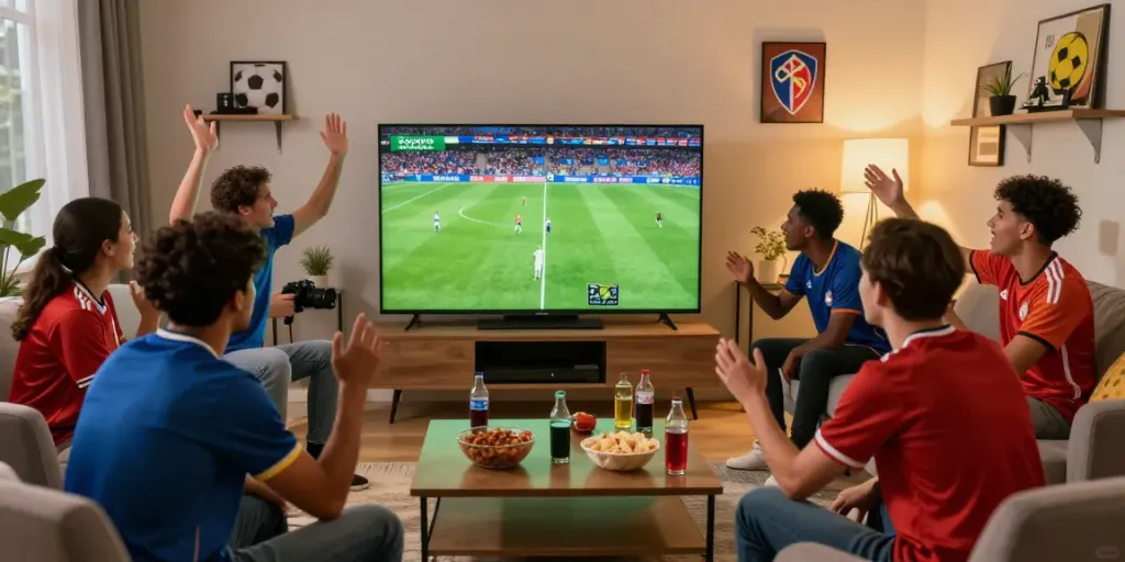 SOCOLIVE fans enjoying a live soccer match in a cozy living room