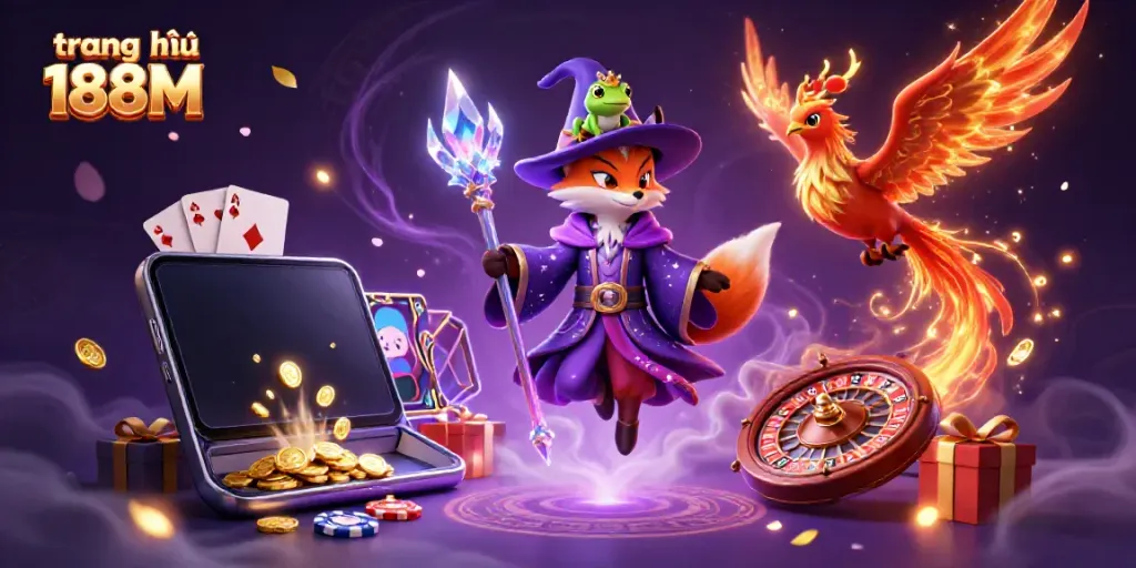 Engage in thrilling play at trang chủ 188M with a mystical wizard fox and phoenix amidst vibrant casino elements.