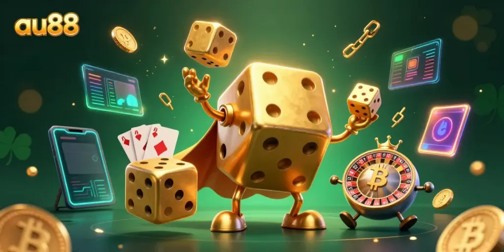 Roll the dice at au88 with this vibrant and dynamic 3D casino illustration featuring golden dice and crypto elements!