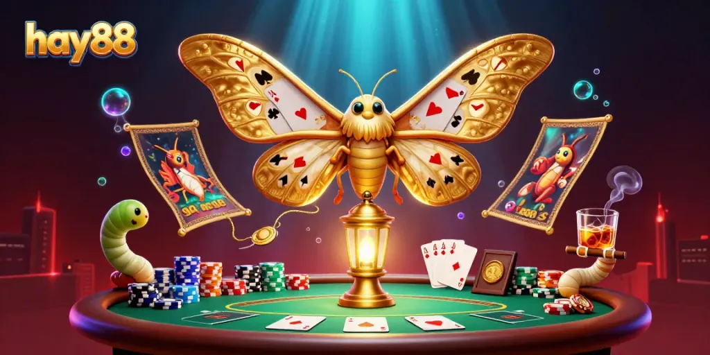 Experience the excitement of hay88 with vibrant poker scenes and golden butterfly motifs.