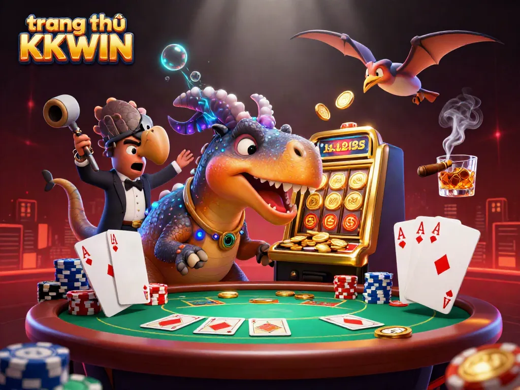 Experience the thrill of winning at trang chủ KKWIN with a cartoon dinosaur jackpot celebration scene full of excitement.