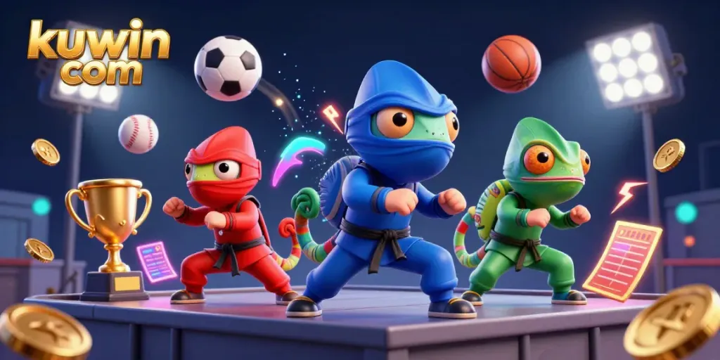 Engage in thrilling betting actions at kuwin com with dynamic chameleon ninjas and sports elements.