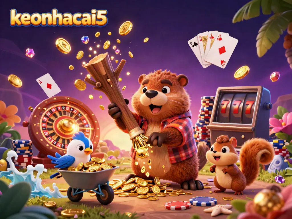 Experience the thrills of keonhacai5 with an energetic illustration of a beaver and friends in a vibrant casino scene.
