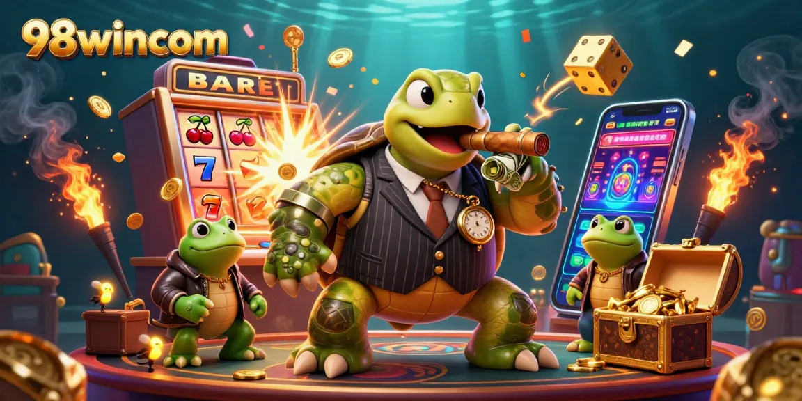 Engage with exciting games at 98wincom featuring a lively 3D scene of casino characters and elements.