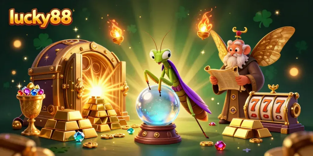 Experience thrilling gameplay with lucky88, featuring dynamic scenes of fortune tellers and treasure amidst sparkling gems.