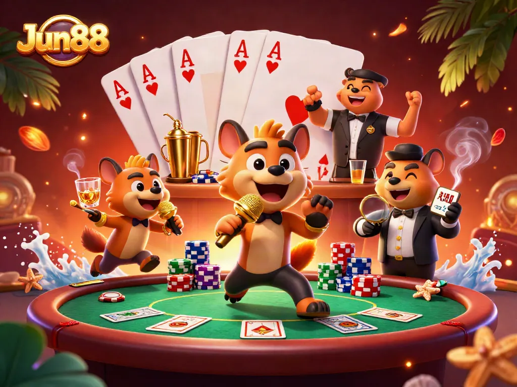 Engage in fun at a vibrant Jun88 casino scene with lively hyenas and glamorous game action.