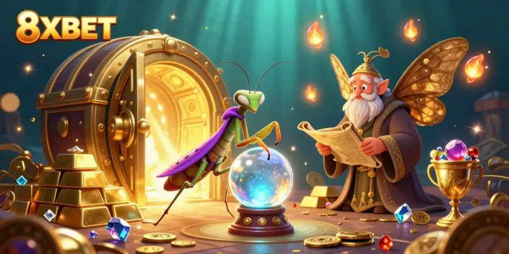Experience the magical world of 8XBET with vibrant characters and sparkling treasures in a mystical setting.