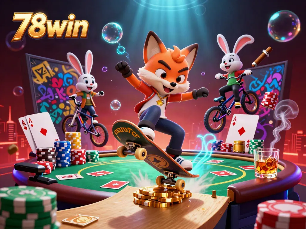Experience vibrant 78win action with a skateboarder fox and BMX rabbit in a dynamic casino scene.