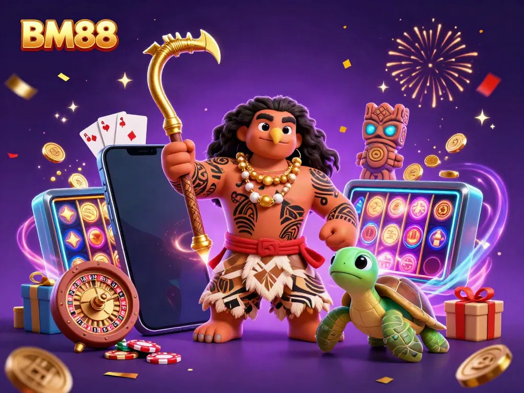 Engage with BM88's exciting gaming world featuring vibrant characters and thrilling casino elements.