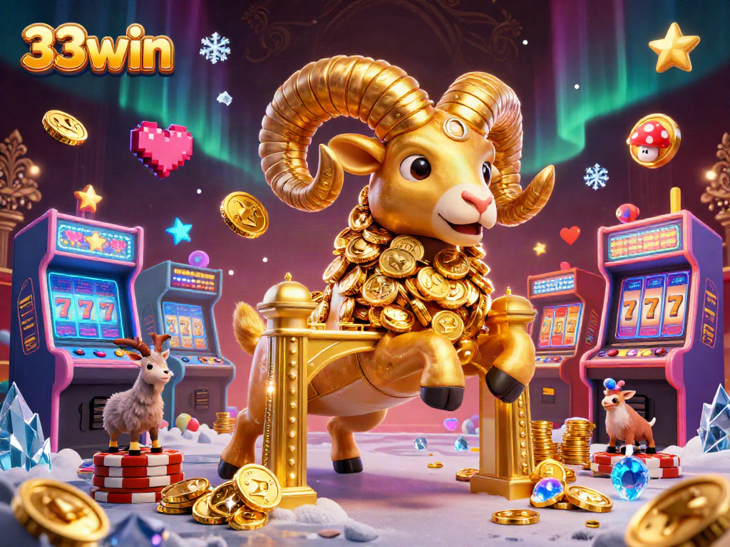 Play with 33win's golden ram at the legendary casino gates surrounded by vibrant arcade elements.