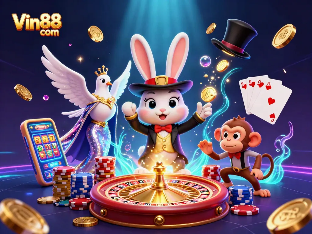 Engage in thrilling gameplay at Vin88 com with golden coins, roulette, and dynamic characters.