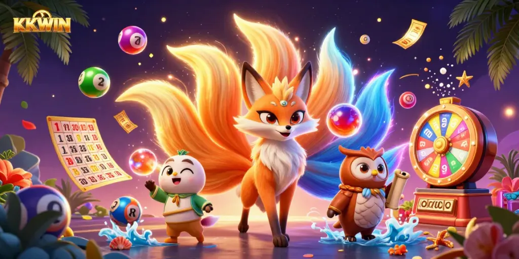 Experience KKWIN's colorful lottery excitement with vibrant characters and dynamic elements.