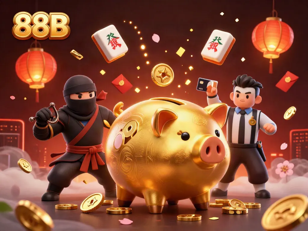 Activate winning strategies with 88B as a golden piggy bank wrestler battles in a vibrant casino scene.