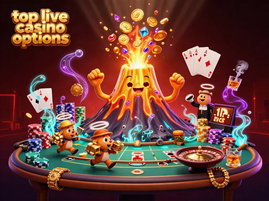 An engaging scene showcasing top live casino options with cards, chips, and a golden volcano erupting coins.