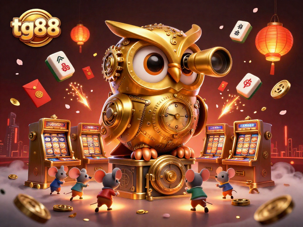 Experience thrilling gaming at tg88, featuring a golden owl surveying slot machines amidst enchanting decorations.