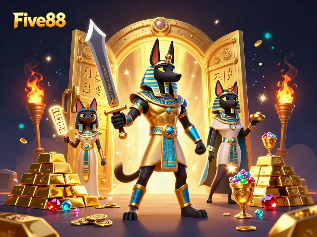Join the excitement at Five88 with Anubis and Bastet, surrounded by golden treasures and vivid illustrations.