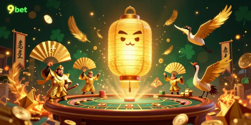 Win big with 9bet by entering an exciting live casino scene featuring vibrant characters and gold.