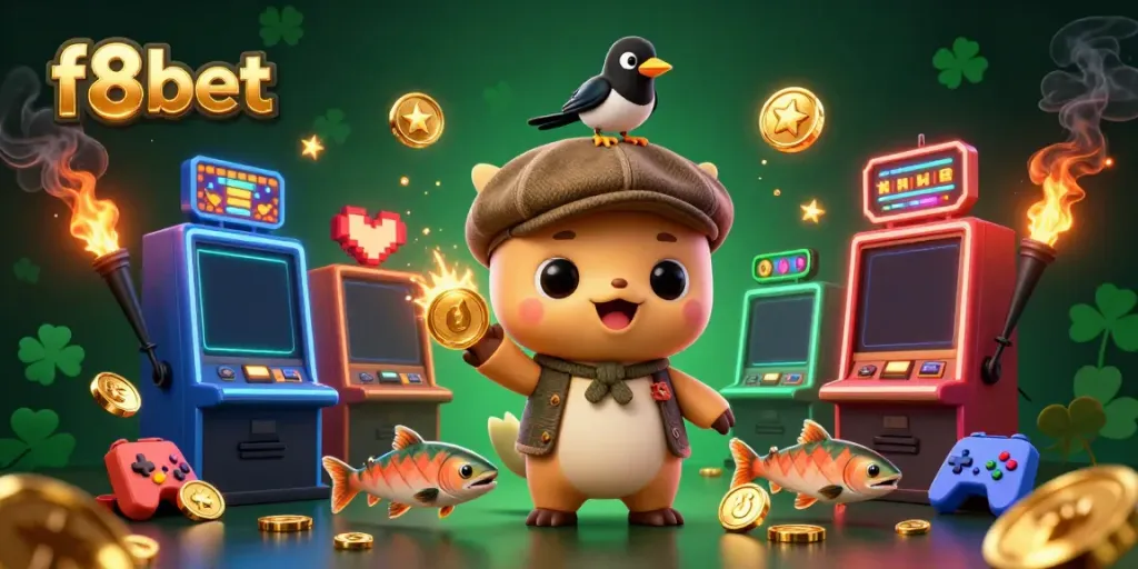 Experience the vibrant and exciting atmosphere at f8bet, featuring playful characters and engaging slots elements in a dynamic casino scene.