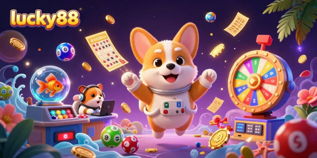 Experience thrilling gaming action at lucky88 with a cartoon corgi astronaut and dynamic visual elements.