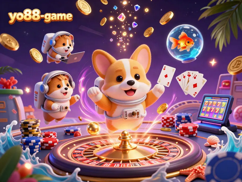 Engage with yo88-game amid floating coins and vibrant casino elements in a thrilling gaming adventure.