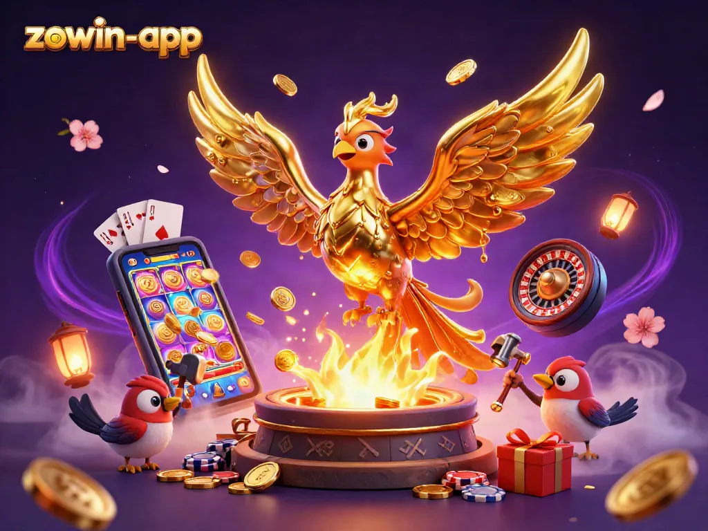 Win big with zowin-app as a golden phoenix emerges from a mystical casino scene!
