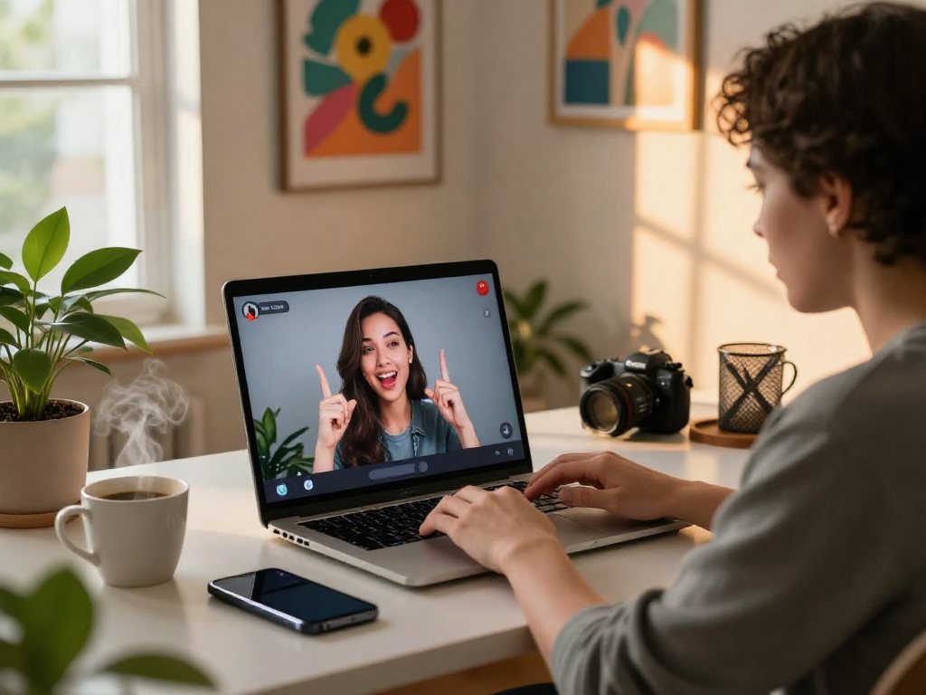 Porn chat AI interaction in a cozy workspace with a laptop, digital avatar, and ambient lighting.