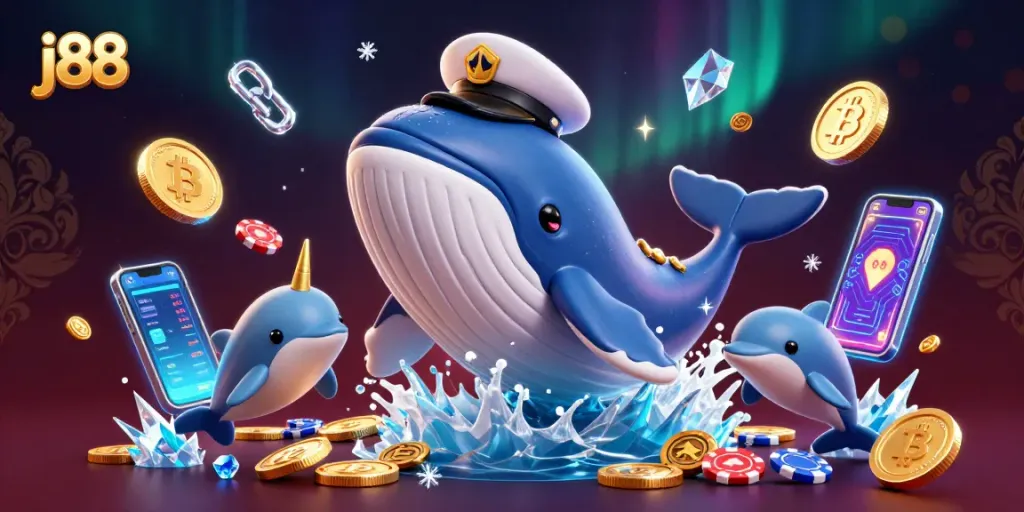 Experience the thrill of j88 with a captivating 3D cartoon scene of whales, dolphins, and crypto elements.