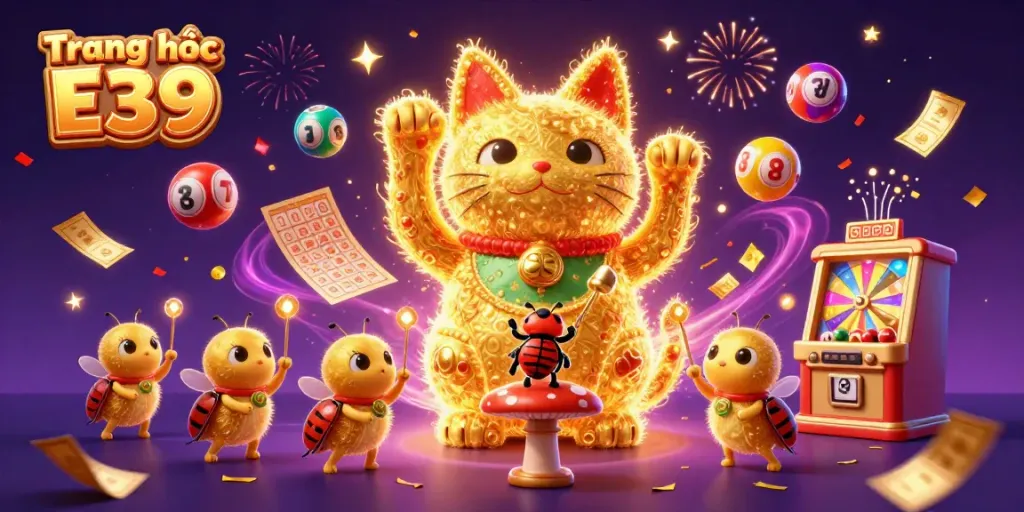 Engage with the thrilling experience of Trang chủ E39, featuring a dynamic lucky cat and vibrant casino symbols.