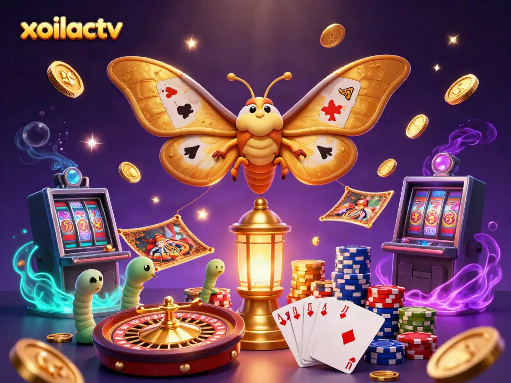Xoilactv showcases a spectacular scene of a golden atlas moth and vibrant casino elements, illustrating expert gambling excitement.