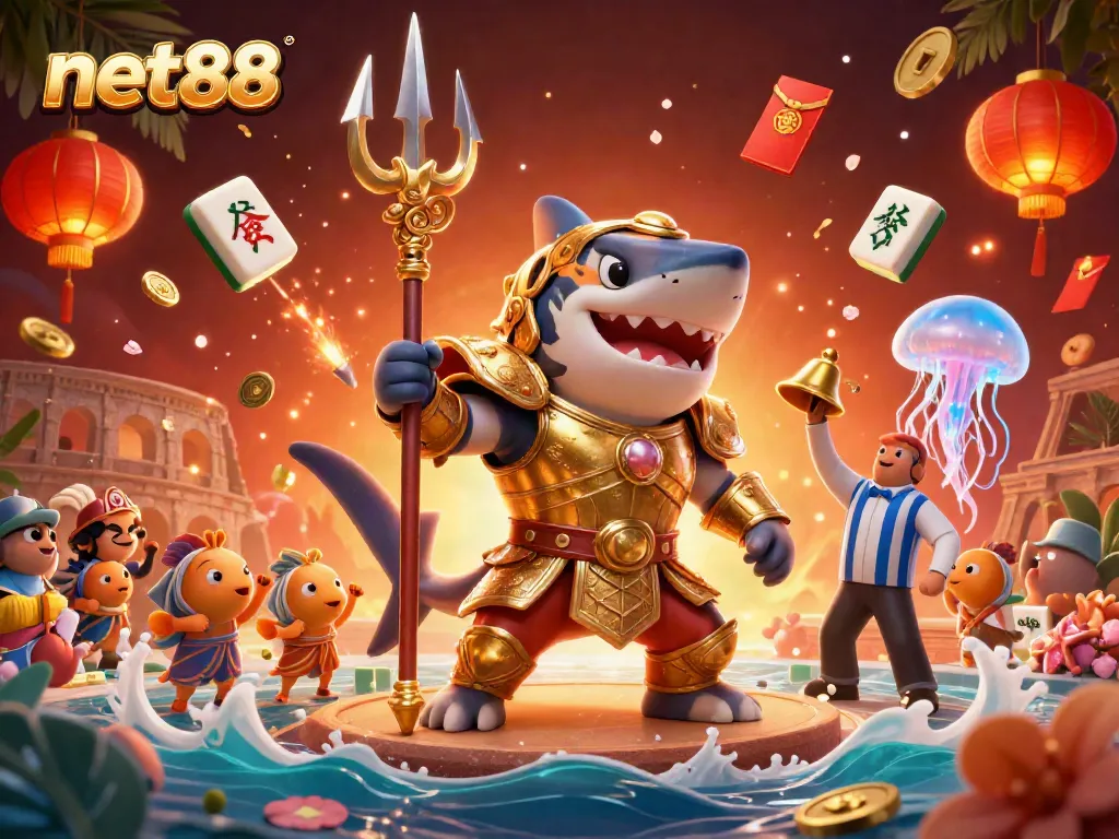 Experience the excitement of net88 with a cartoon tiger shark in a vibrant casino scene.