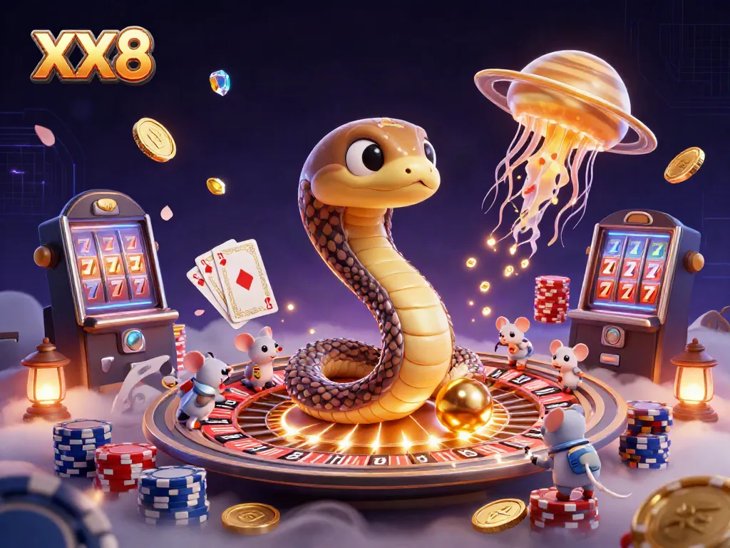 Experience the thrill of gaming with a vibrant XX8 scene featuring animated characters and flying casino elements.