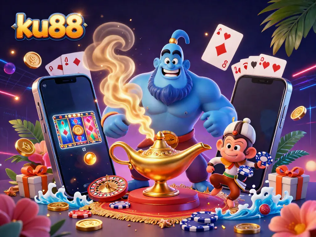 Experience gambling excitement with ku88's vibrant 3D casino illustration featuring a genie, magic carpet, and game elements.