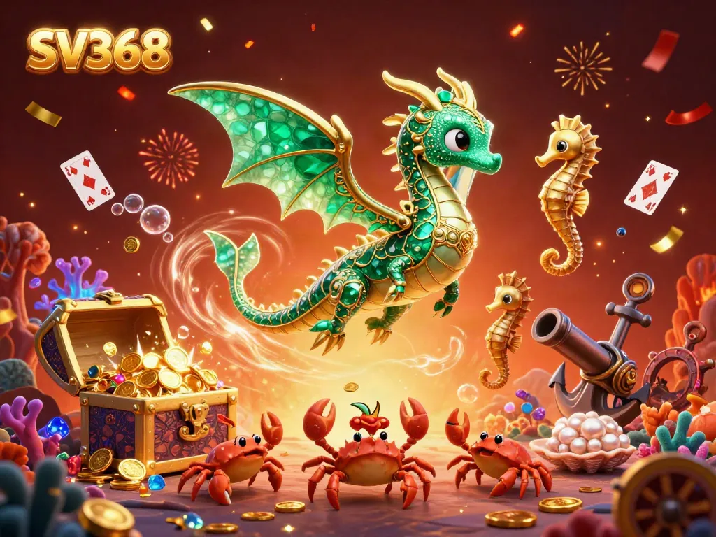Experience the excitement of SV368 casino with vibrant characters and gems amidst a thrilling underwater scene.