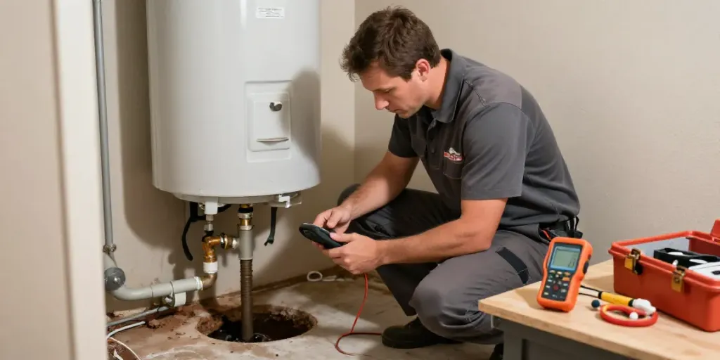 Water leak repair Rapid City SD featuring a plumber inspecting pipes with detection tools in a well-lit basement.