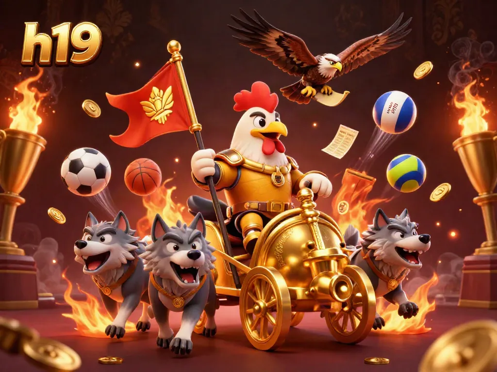 Experience exhilarating h19 gameplay with a dynamic 3D illustration of a rooster warlord amidst vibrant casino elements.