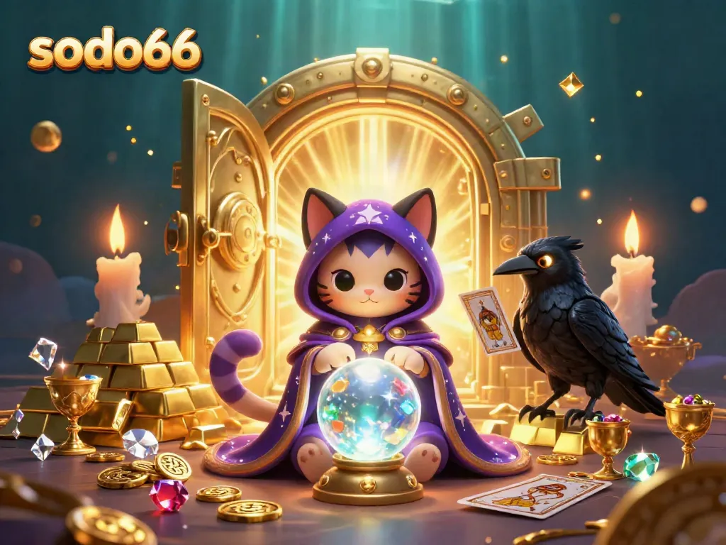 Engage with the enchanting world of sodo66, featuring a mystical cat and treasures of the casino realm.