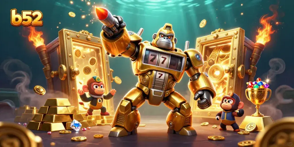 B52 gamers enjoy popular slots with thrilling rewards and dynamic gameplay, showcasing lucky symbols and treasures.