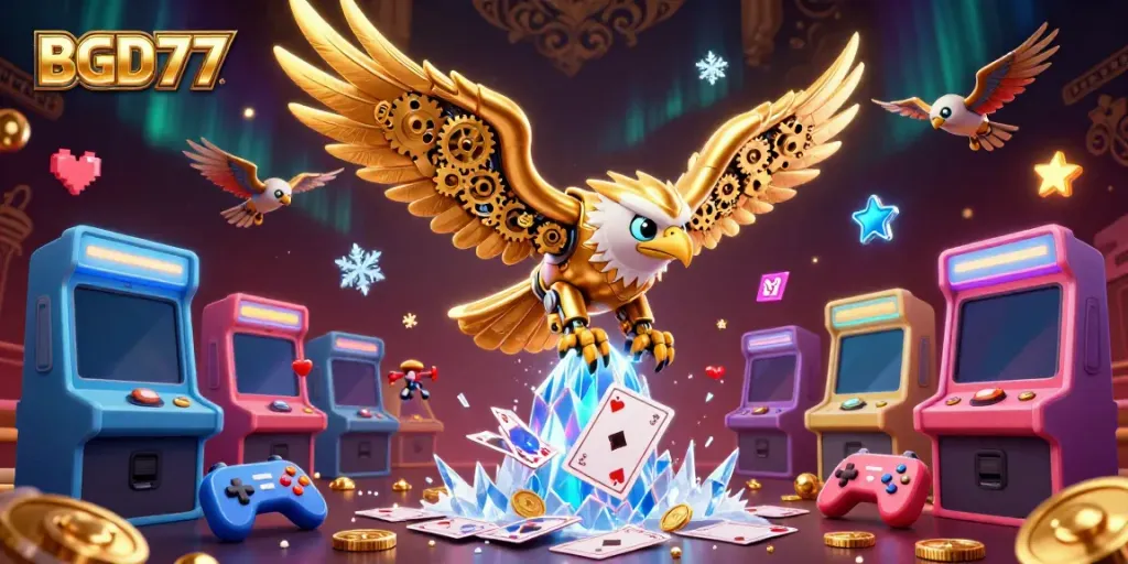 BGD77 showcases a cybernetic golden eagle soaring through holographic playing cards in a vibrant online casino atmosphere.
