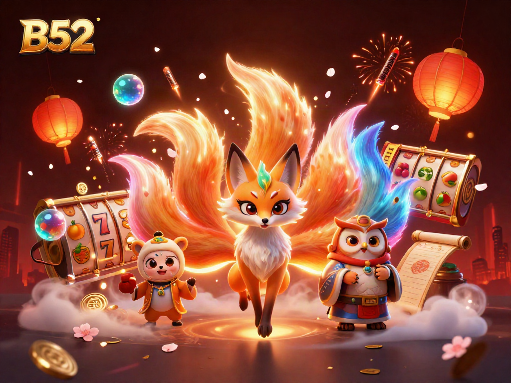 Engage in winning strategies with B52 themed slots featuring a nine-tailed fox and vibrant casino elements.