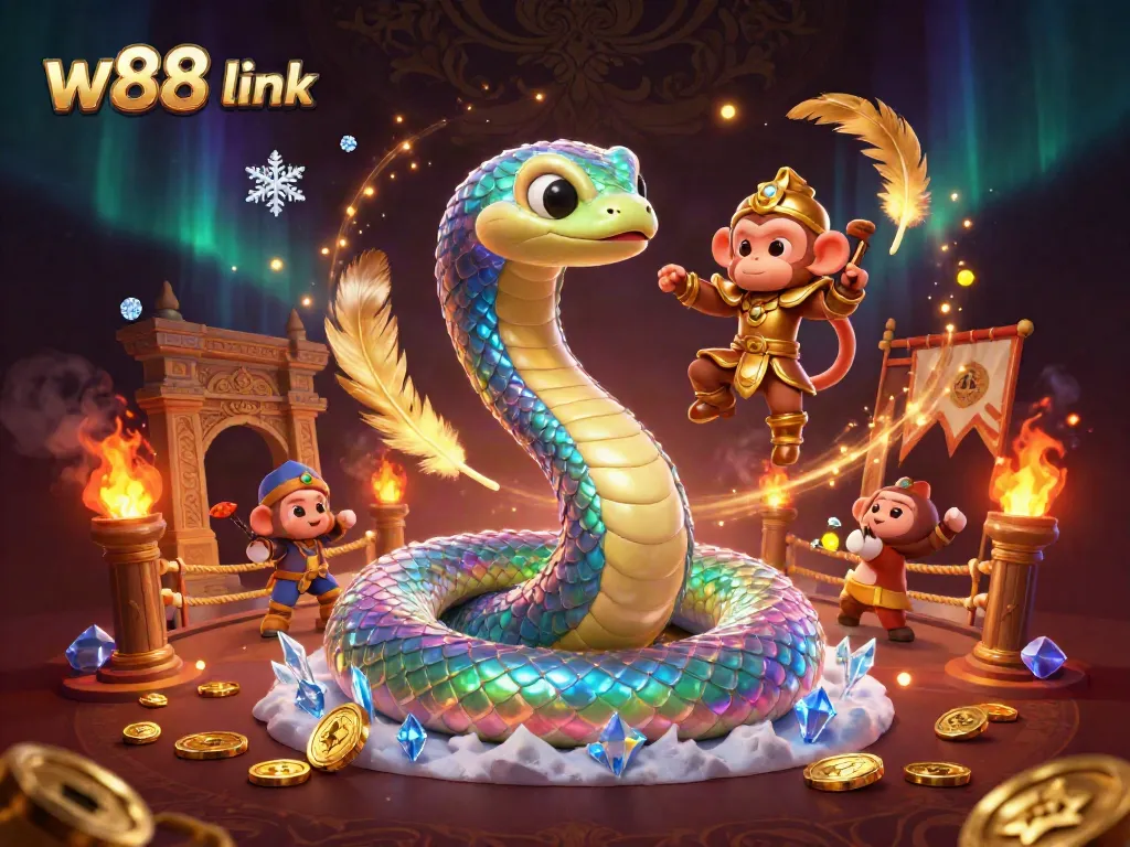 Engage with exciting game elements at w88 link, featuring a vibrant serpent and monkey in a dynamic casino scene.