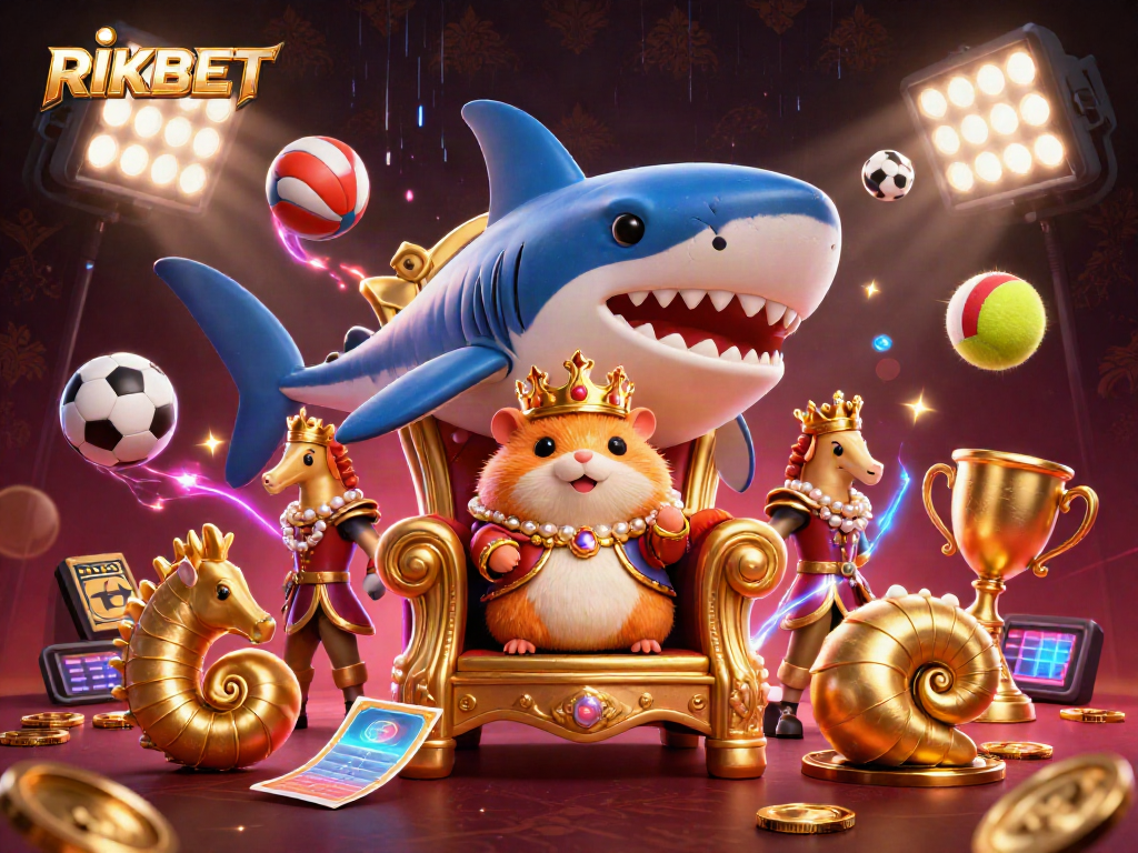 RIKBET captures the excitement with a tiny golden hamster king on a megalodon throne amidst dynamic sports elements.