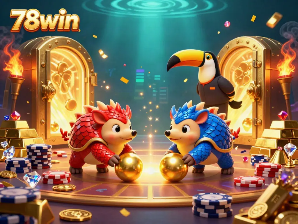 Engage in thrilling 78win action as rival pangolins roll through poker chips in a vibrant casino scene.